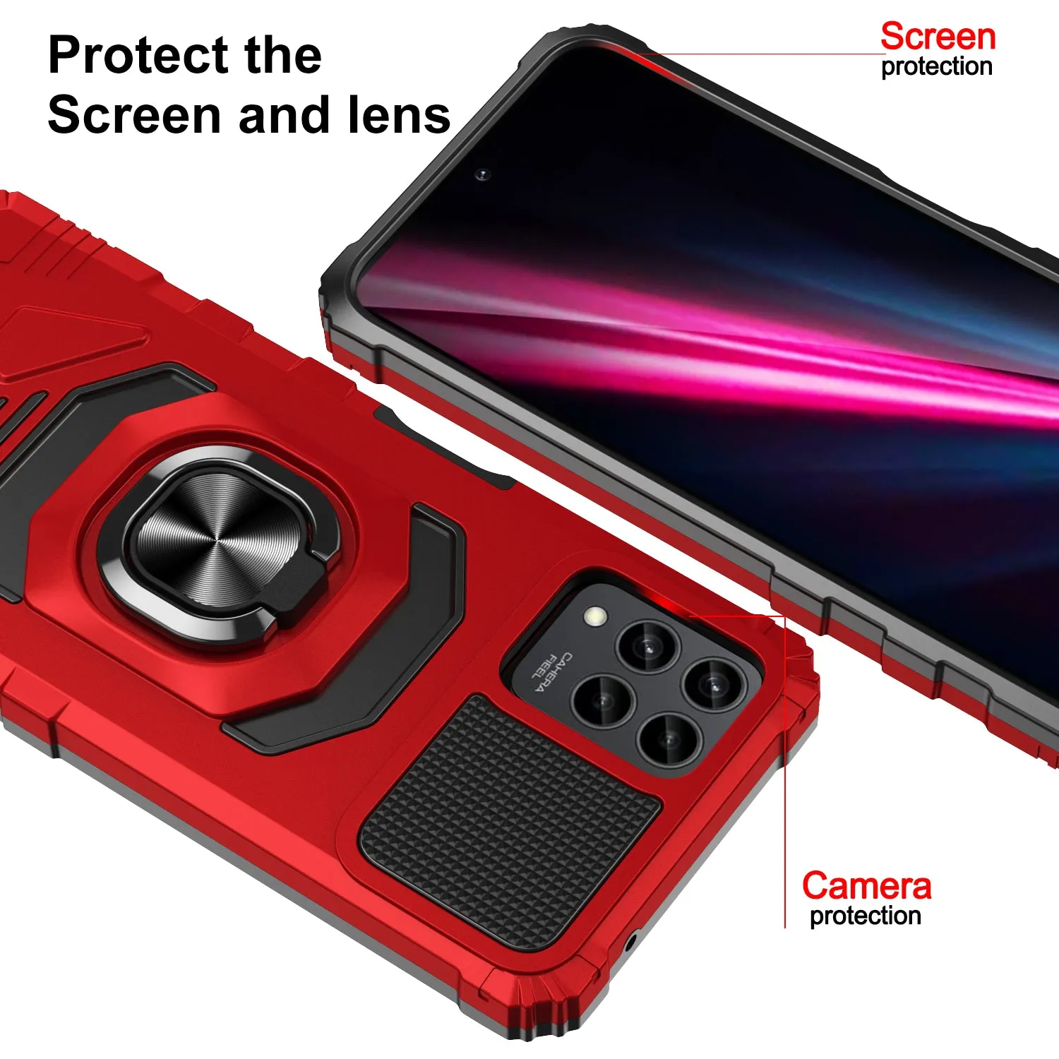 For T-Mobile REVVL 6 Pro 5G Case [Military Grade] Ring Car Mount Kickstand w/[Tempered Glass] Hybrid Hard PC Soft TPU Shockproof Protective Case - Red