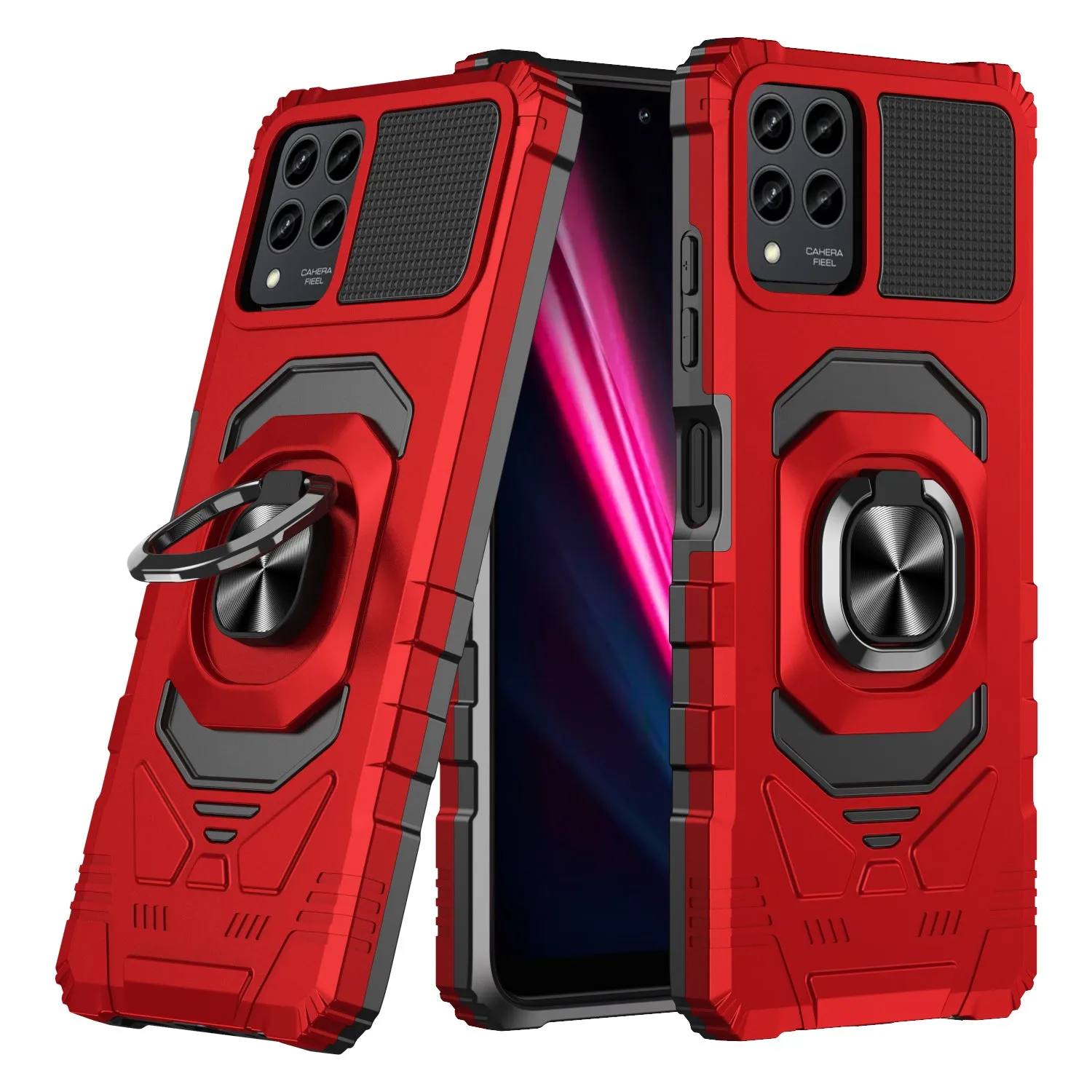 For T-Mobile REVVL 6 Pro 5G Case [Military Grade] Ring Car Mount Kickstand w/[Tempered Glass] Hybrid Hard PC Soft TPU Shockproof Protective Case - Red