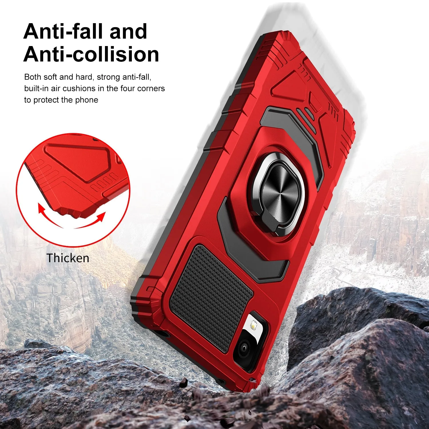 For TCL Ion Z/A3/A30 Case [Military Grade] Ring Car Mount Kickstand w/[Tempered Glass] Hybrid Hard PC Soft TPU Shockproof Protective Case - Red