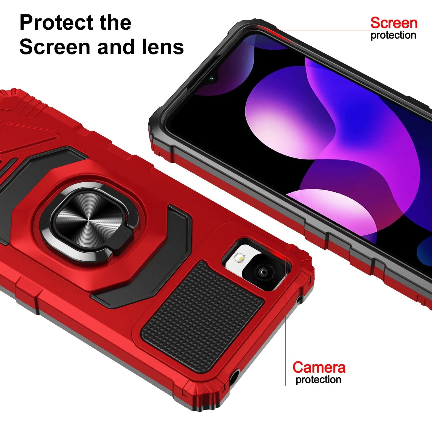 For TCL Ion Z/A3/A30 Case [Military Grade] Ring Car Mount Kickstand w/[Tempered Glass] Hybrid Hard PC Soft TPU Shockproof Protective Case - Red