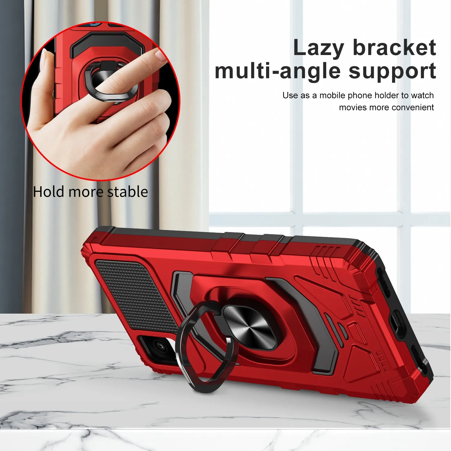 For TCL Ion Z/A3/A30 Case [Military Grade] Ring Car Mount Kickstand w/[Tempered Glass] Hybrid Hard PC Soft TPU Shockproof Protective Case - Red