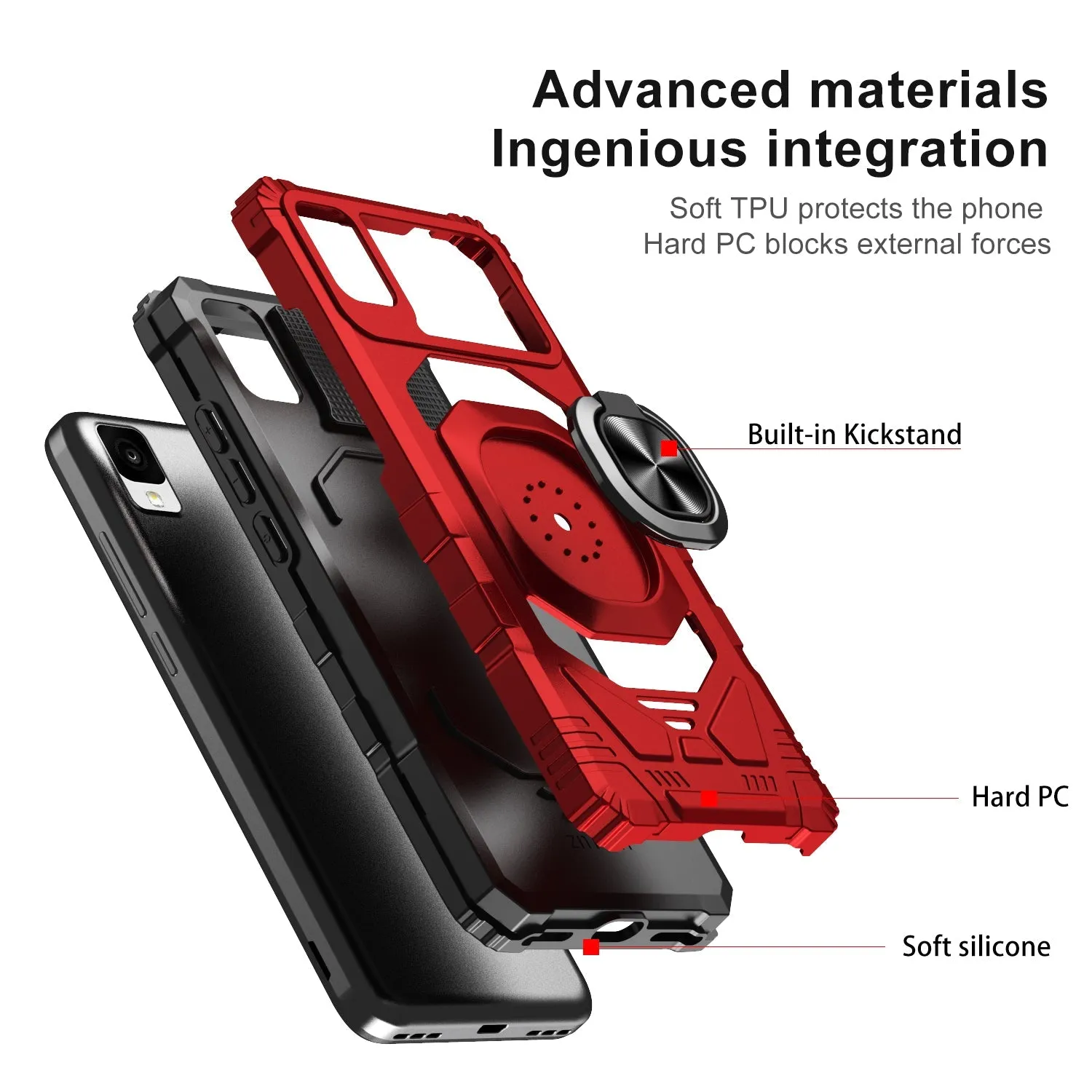 For TCL Ion Z/A3/A30 Case [Military Grade] Ring Car Mount Kickstand w/[Tempered Glass] Hybrid Hard PC Soft TPU Shockproof Protective Case - Red