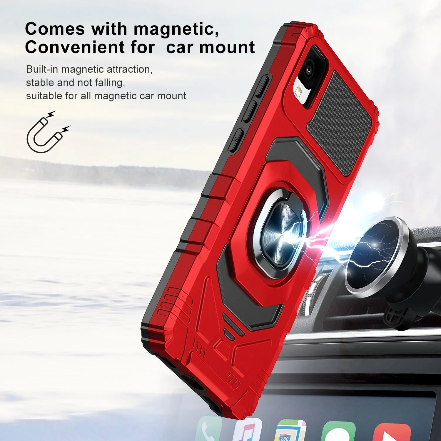 For TCL Ion Z/A3/A30 Case [Military Grade] Ring Car Mount Kickstand w/[Tempered Glass] Hybrid Hard PC Soft TPU Shockproof Protective Case - Red