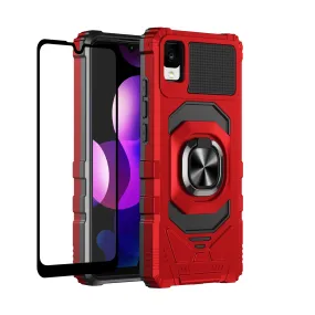 For TCL Ion Z/A3/A30 Case [Military Grade] Ring Car Mount Kickstand w/[Tempered Glass] Hybrid Hard PC Soft TPU Shockproof Protective Case - Red