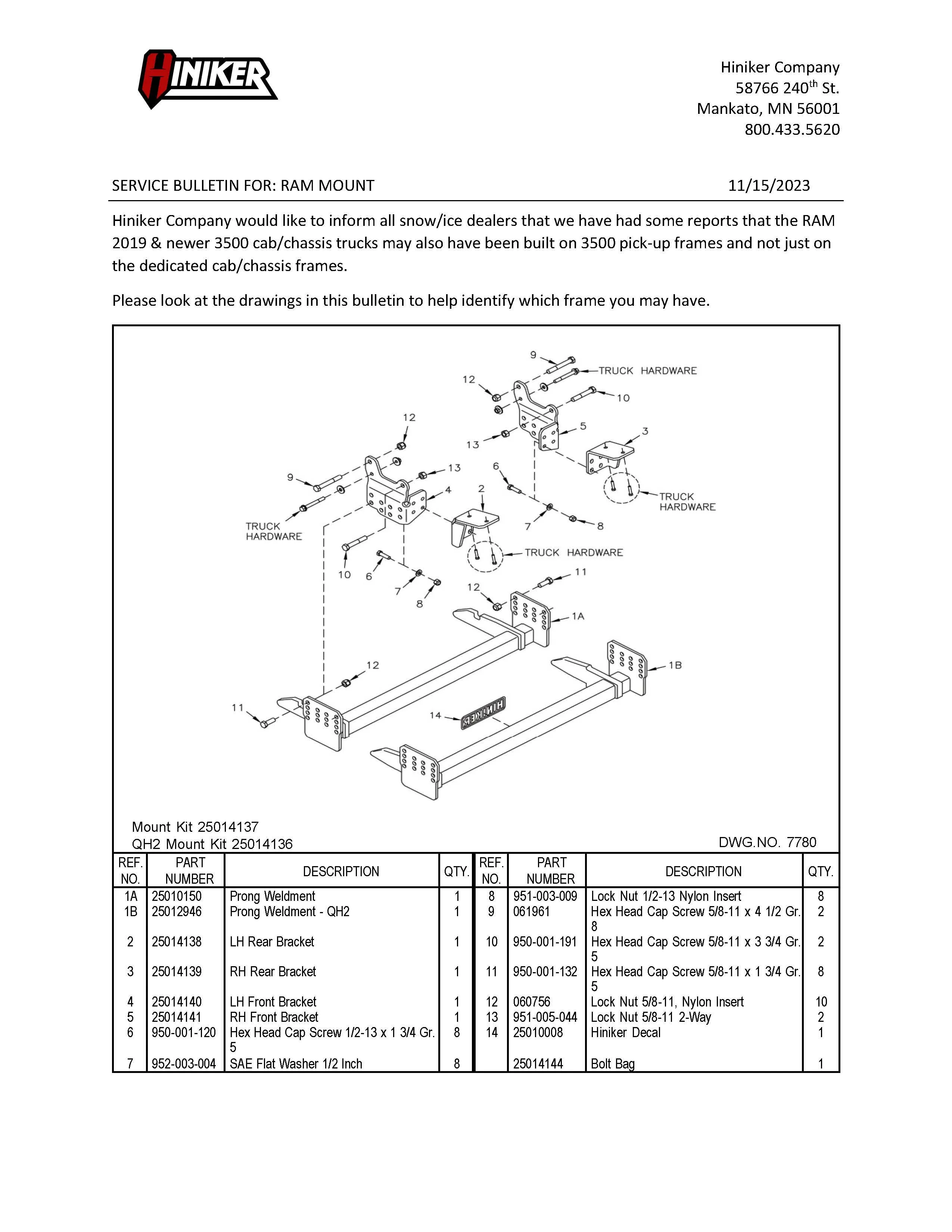 Hiniker Snowplow Mount - Quick Hitch 1 (QH1), 2019 & Newer Dodge/ RAM 2500-3500 Pick Up, 25014067