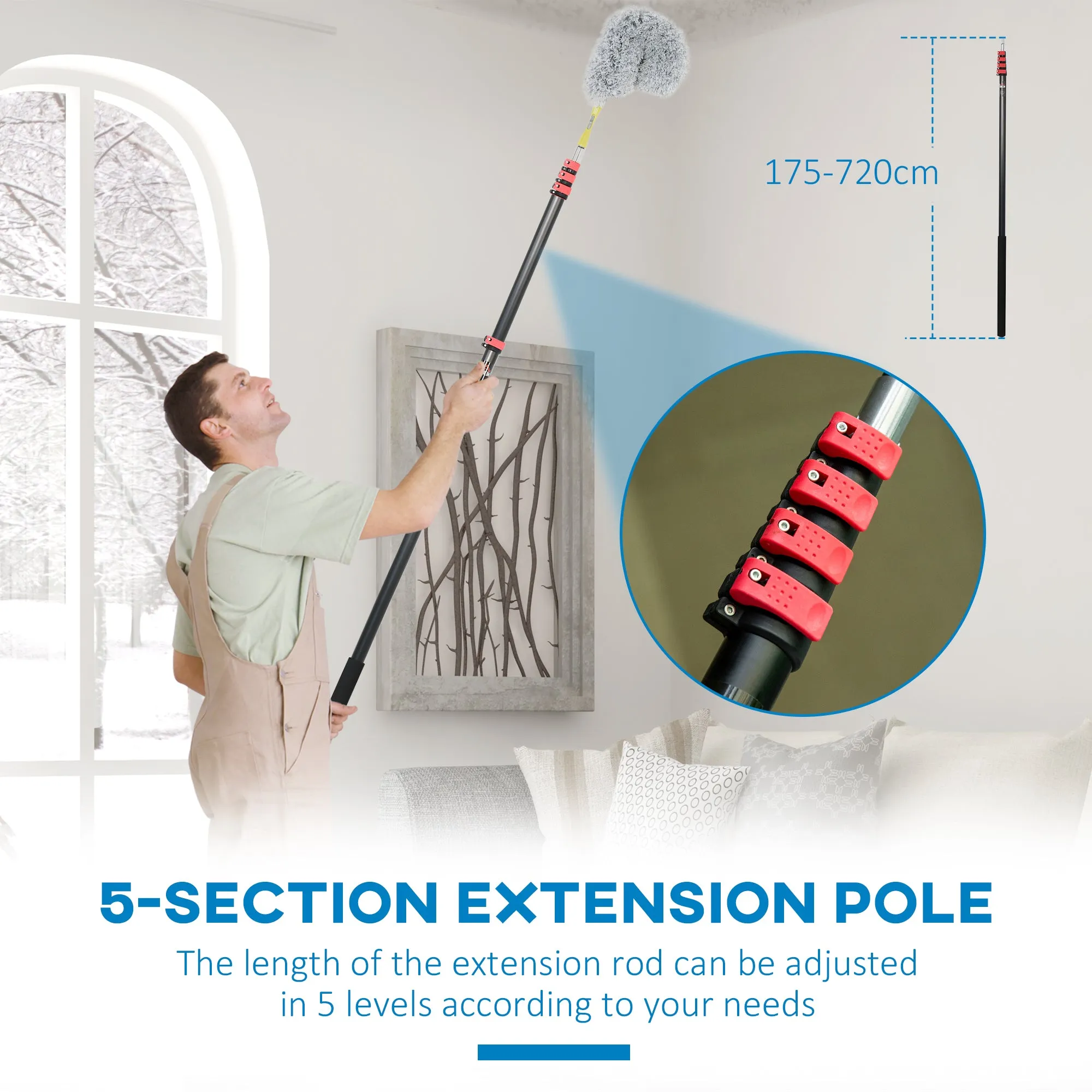 HOMCOM Extendable Feather Duster Cleaning Kit W/ Telescopic Pole 7.2m/23.6ft