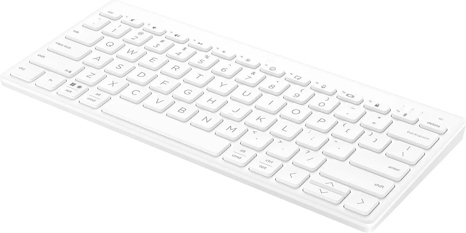 HP 350 Compact Bluetooth Keyboard, White, Connect up to 3 Devices via Bluetooth 5.2, Multi-OS, with SMART Shortcuts, Dictation and Emoji Keys, Recycled Materials