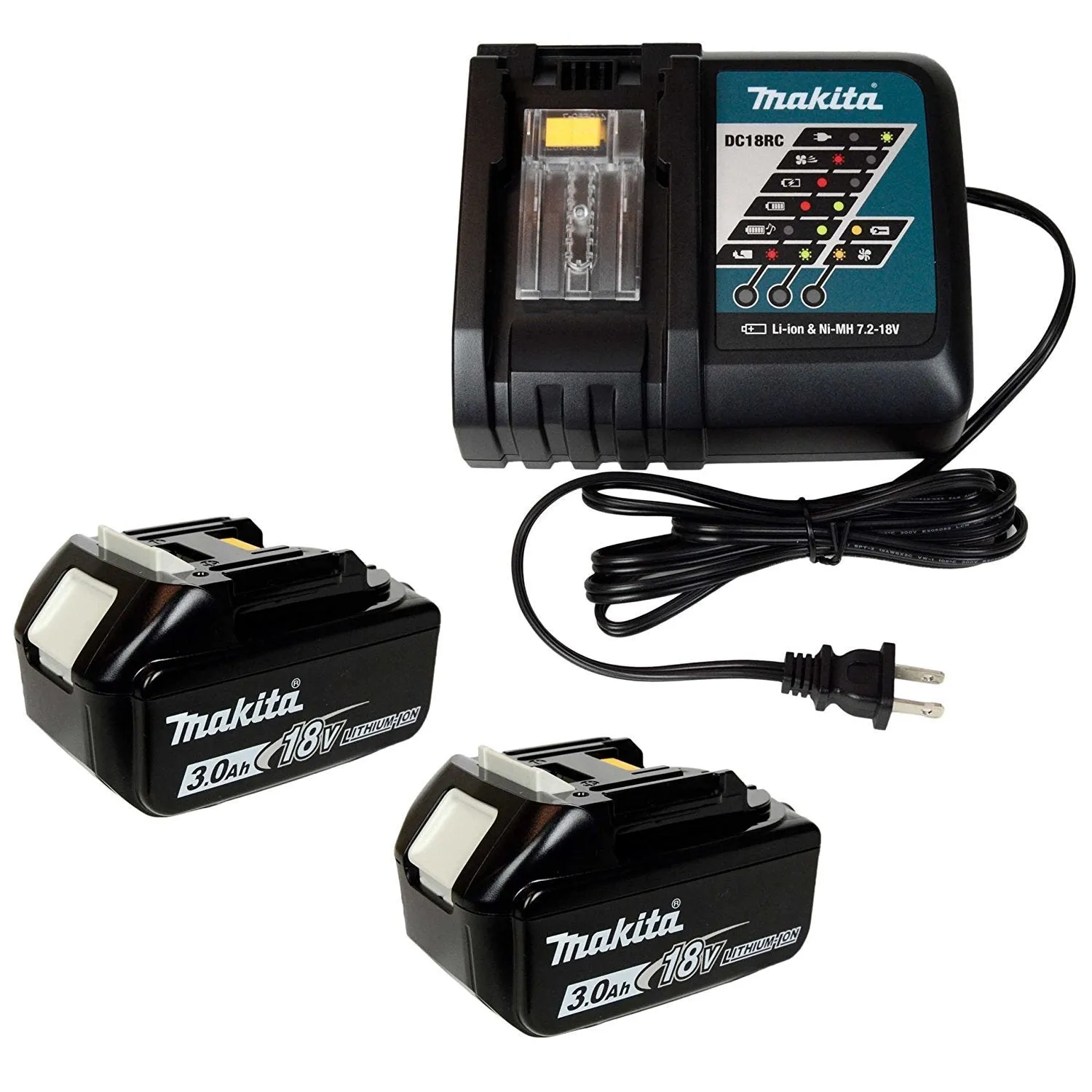 Makita DC18RC 7.2-18V Lithium Ion Battery Charger & (2) BL1830B 18V 3.0Ah Batteries