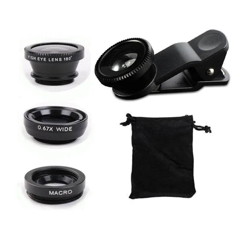 Mobile Phone External Lens Fisheye Wide Angle Macro Glass Lens 3-in-1 Lens