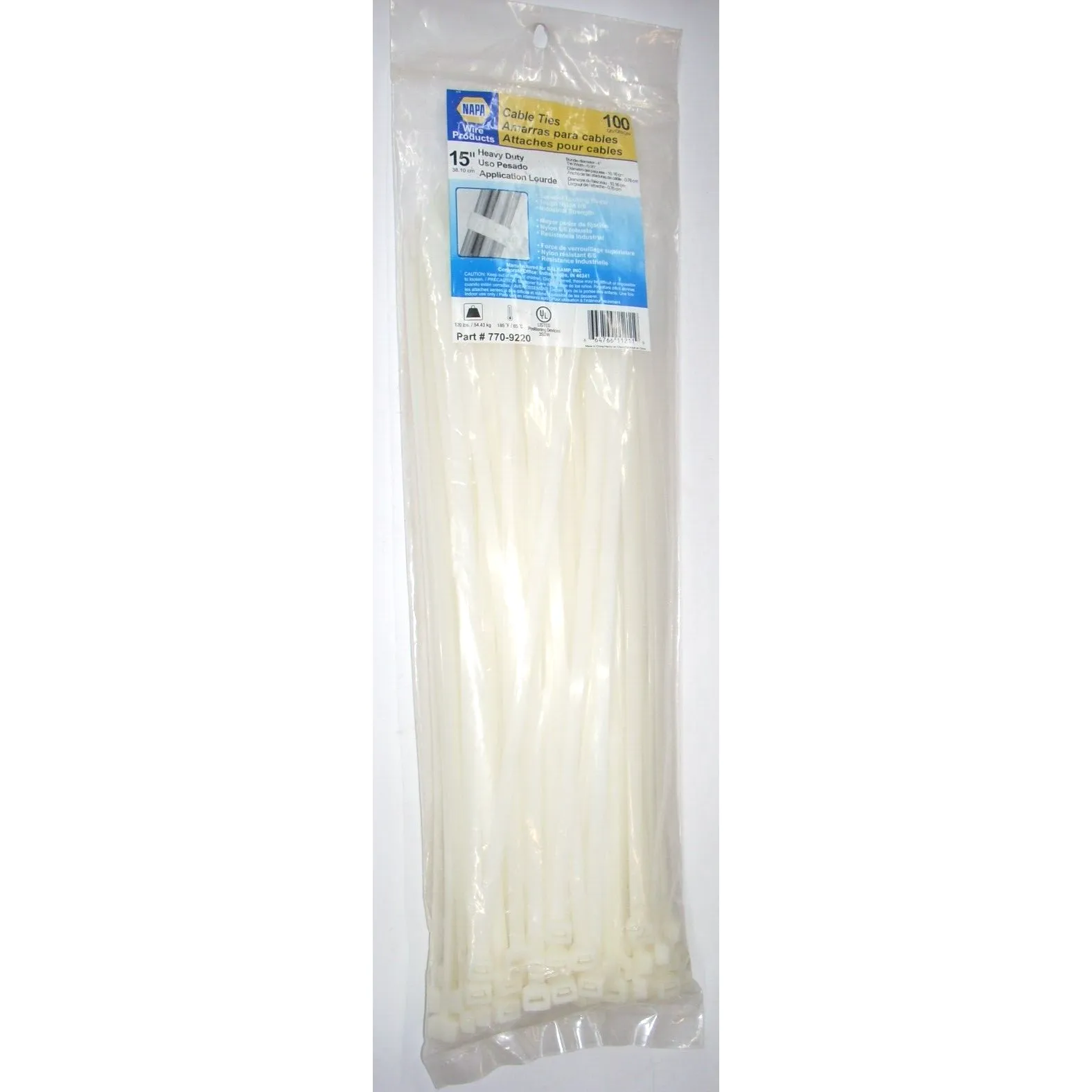 Napa 770-9220 Heavy Duty White Cable Ties 0.3 x 15" Long Nylon 6/6 100 pk