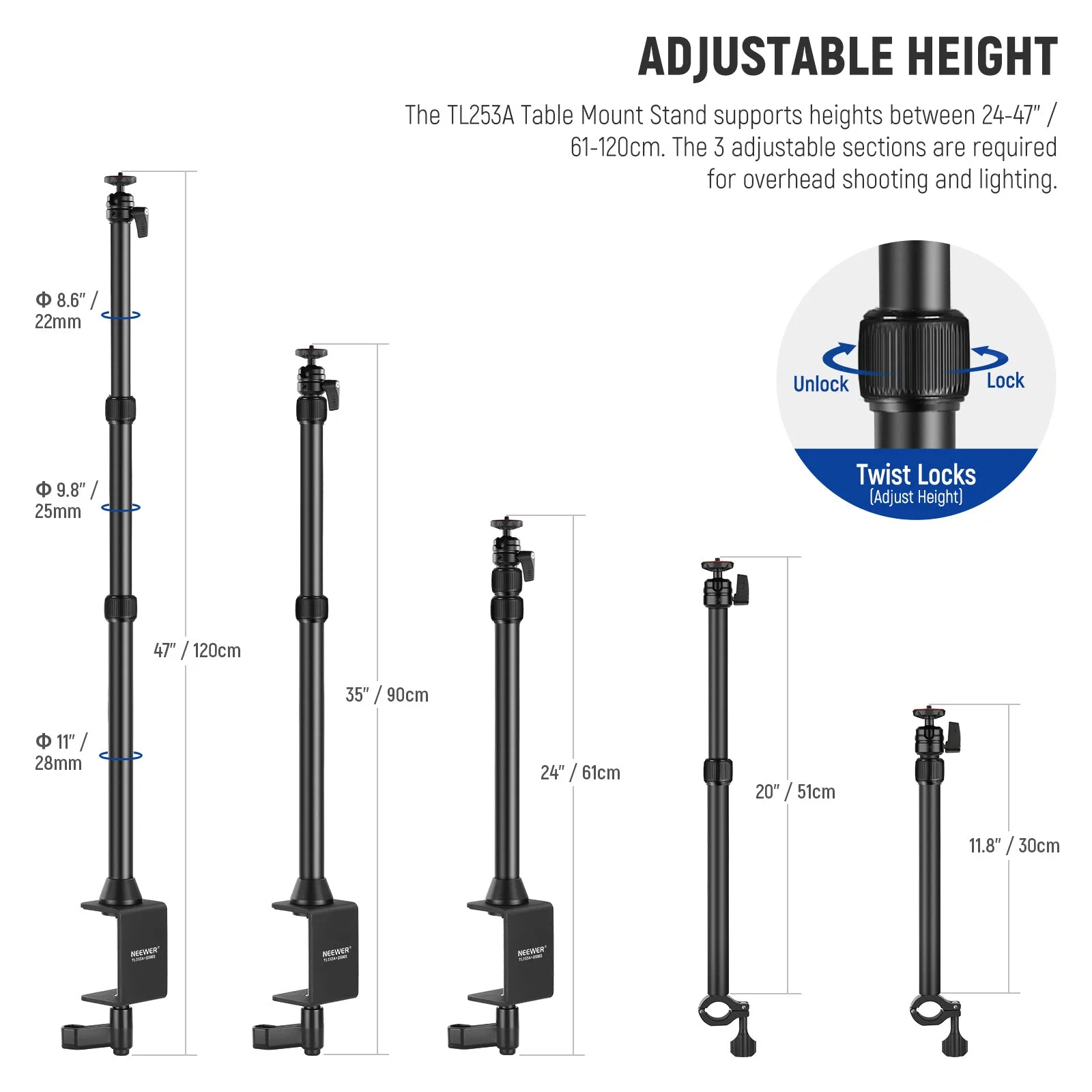 NEEWER TL253A DS001 Tabletop Overhead Camera Mount Stand