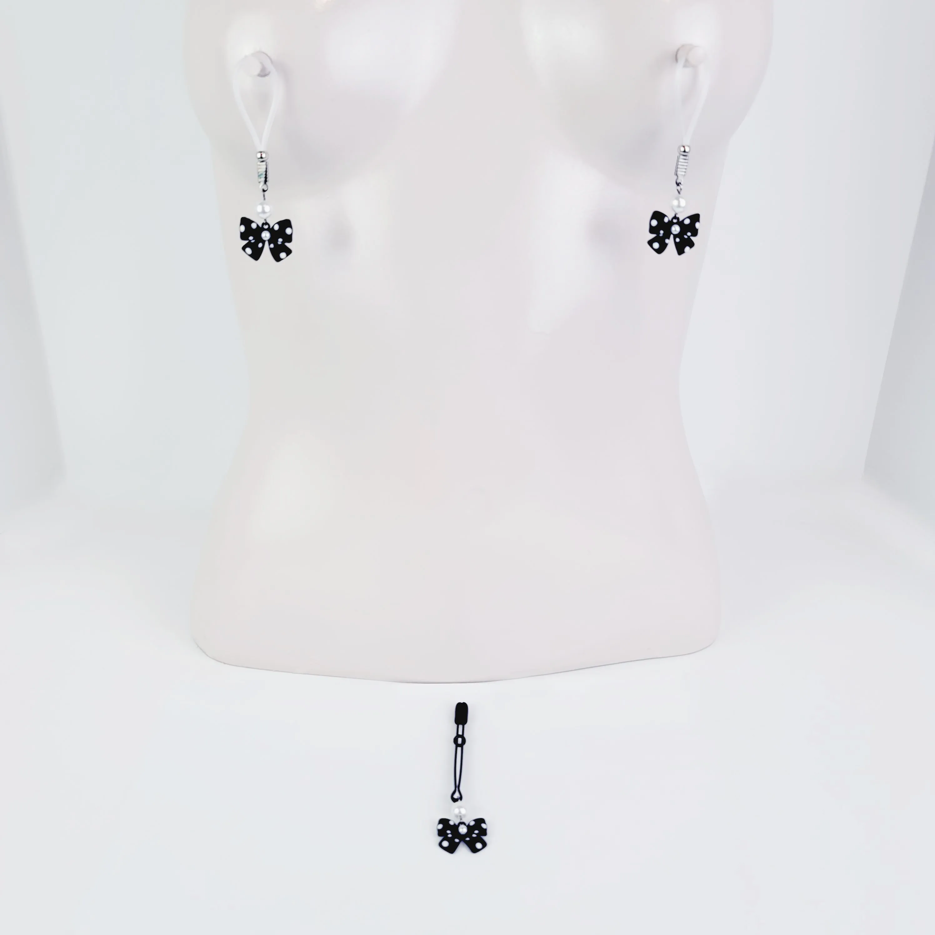 Nipple and Clit Set, Non Piercing, with Bows and Pearls. Choose Nipple Nooses or Your Choice of Nipple Clamps.