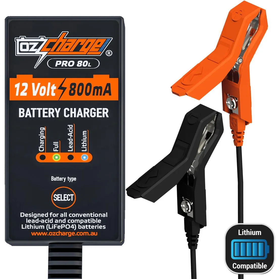 OzCharge 12V 0.8 Amp Battery Charger and Maintainer Lithium Pro Series