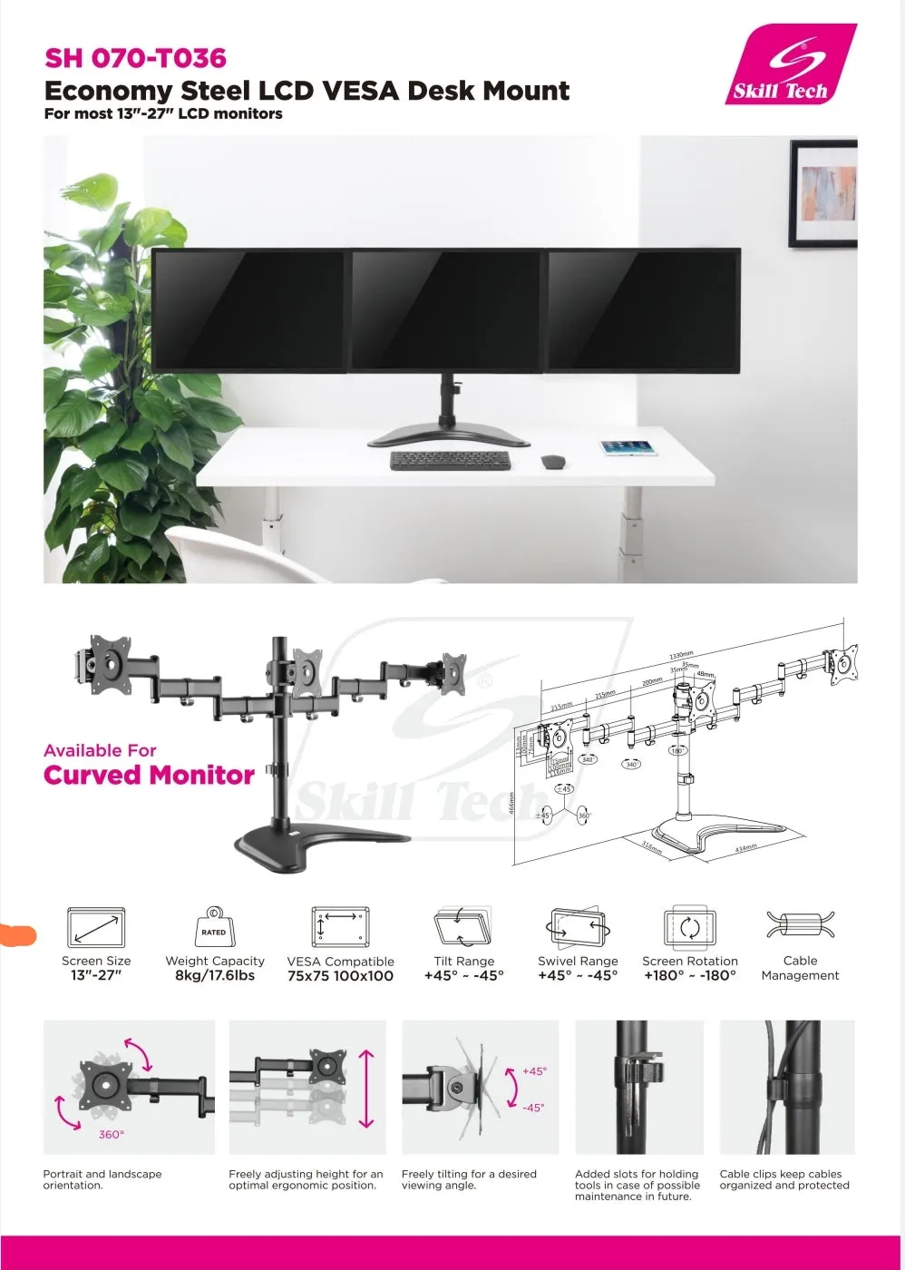 Single Pole Triple-Monitor Aluminium Articulating Monitor Mount Stand - SH 070T036 (Fits Most 13" ~ 27" Screen)