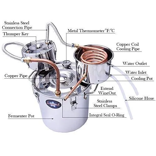 Suteck 3 Gal Moonshine Still Spirits Kit 12L Water Alcohol Distiller Copper Tube Boiler Home Brewing Kit with Thumper Keg Stainless Steel