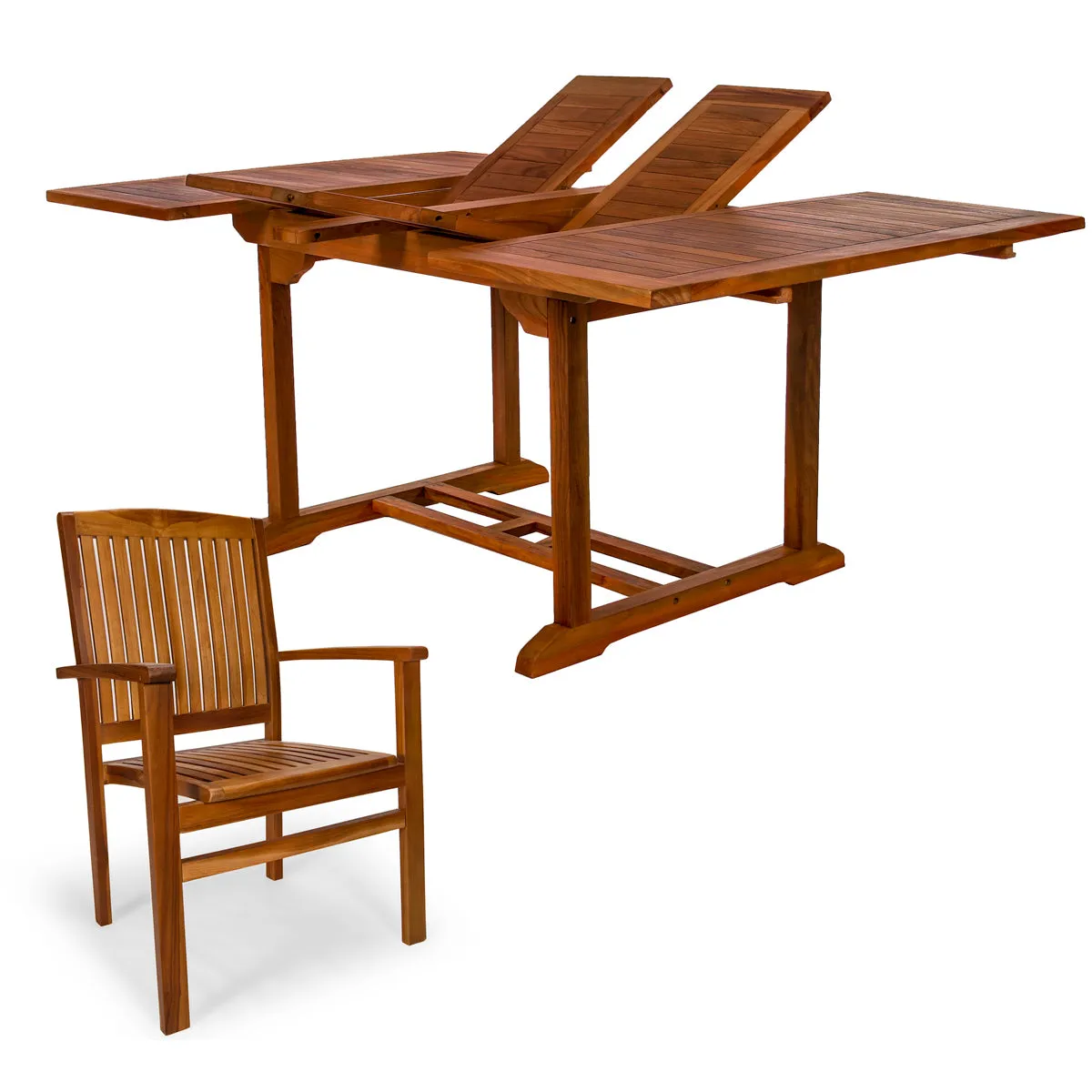 Teak 5-Piece Butterfly Dining Set, Table Extends 50"/75", Seats 6-8 People & Includes Stacking Chairs