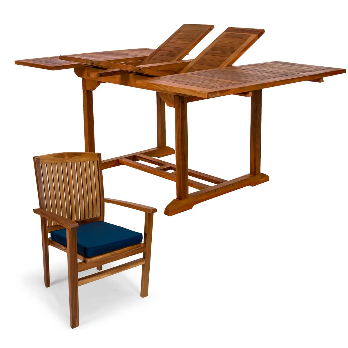 Teak 5-Piece Butterfly Dining Set, Table Extends 50"/75", Seats 6-8 People & Includes Stacking Chairs