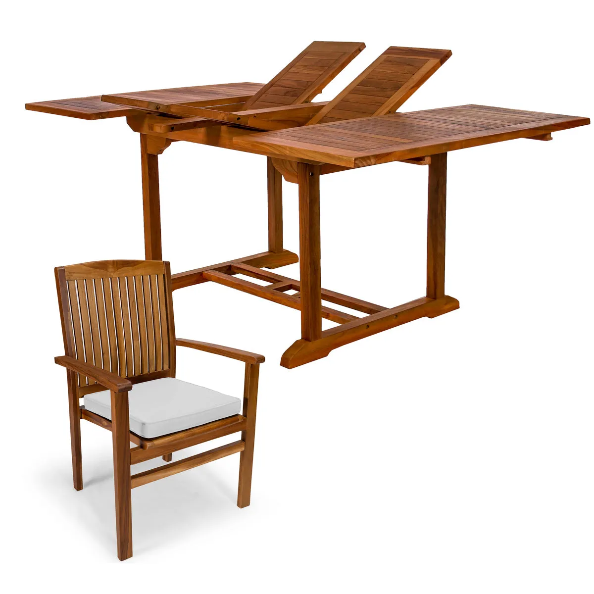 Teak 5-Piece Butterfly Dining Set, Table Extends 50"/75", Seats 6-8 People & Includes Stacking Chairs