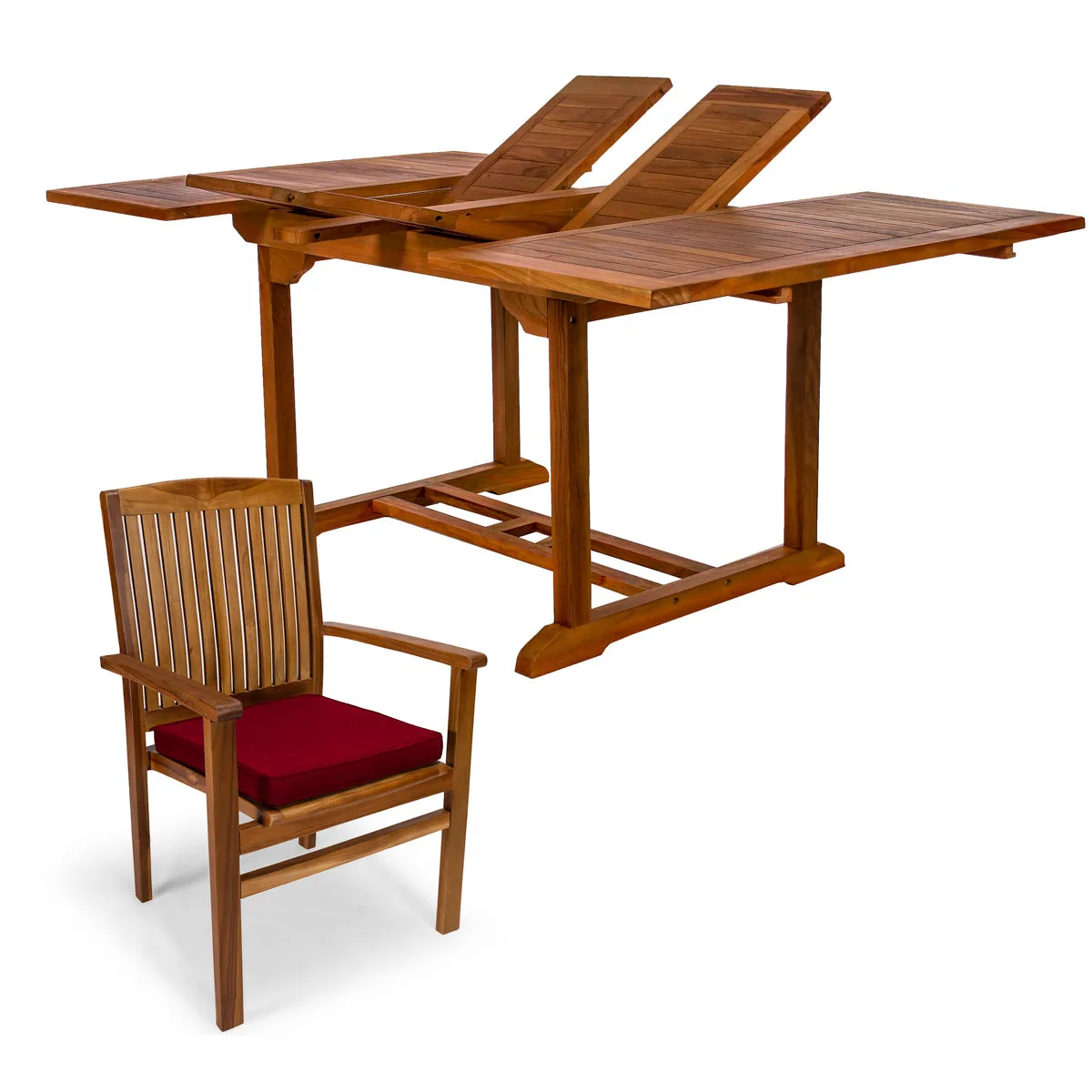 Teak 5-Piece Butterfly Dining Set, Table Extends 50"/75", Seats 6-8 People & Includes Stacking Chairs