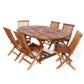 Teak 7-Piece Oval Butterfly Dining Set, Table Extends 48"/72", Seats 6-8 People, Includes Folding Chairs