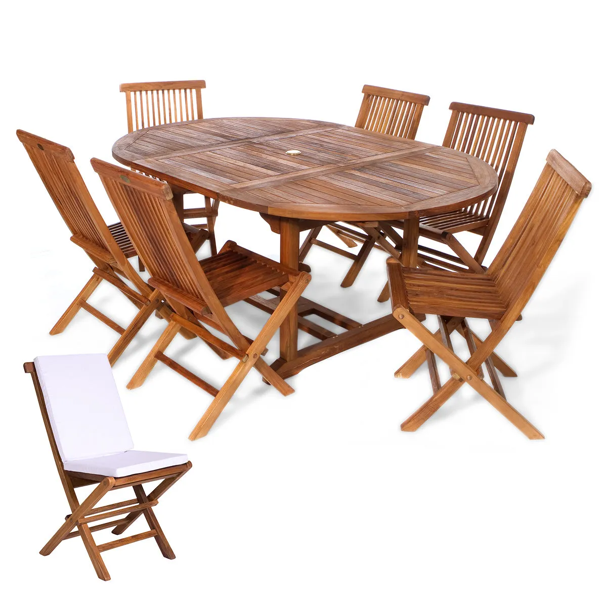 Teak 7-Piece Oval Butterfly Dining Set, Table Extends 48"/72", Seats 6-8 People, Includes Folding Chairs