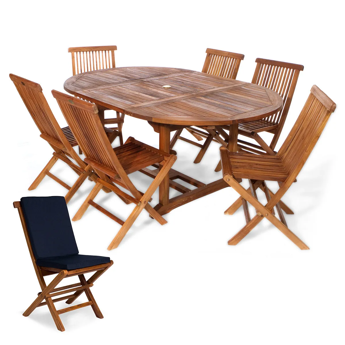 Teak 7-Piece Oval Butterfly Dining Set, Table Extends 48"/72", Seats 6-8 People, Includes Folding Chairs