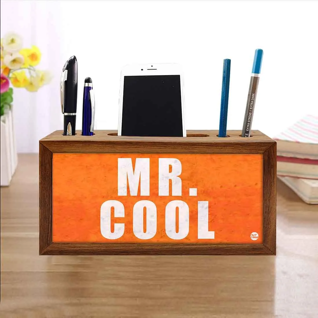 Teak Wood Pen Mobile Stand Organizer- Mr. Cool