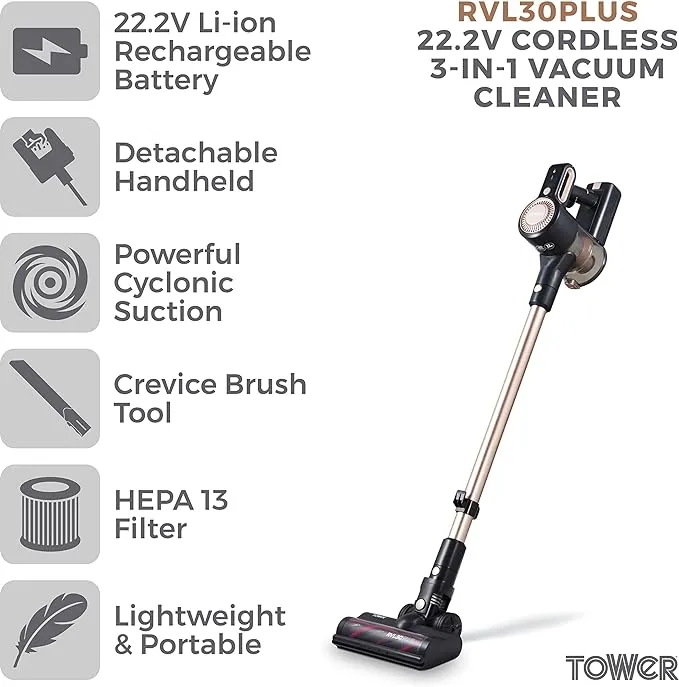 Tower RVL30 Plus Cordless 3-in-1 Vacuum Cleaner 1L, 150W, 22.2V, Rose Blush Gold and Black