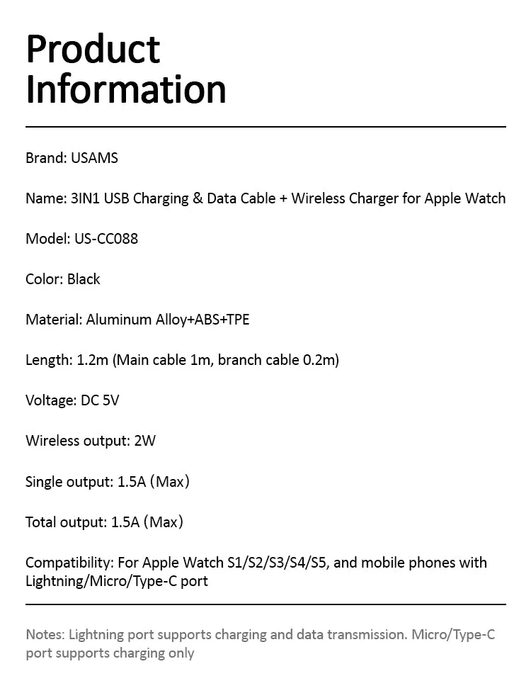 Usams USB Cable - 3IN1 USB Charging & Data Cable   Wireless Charger For Apple Watch US-CC088