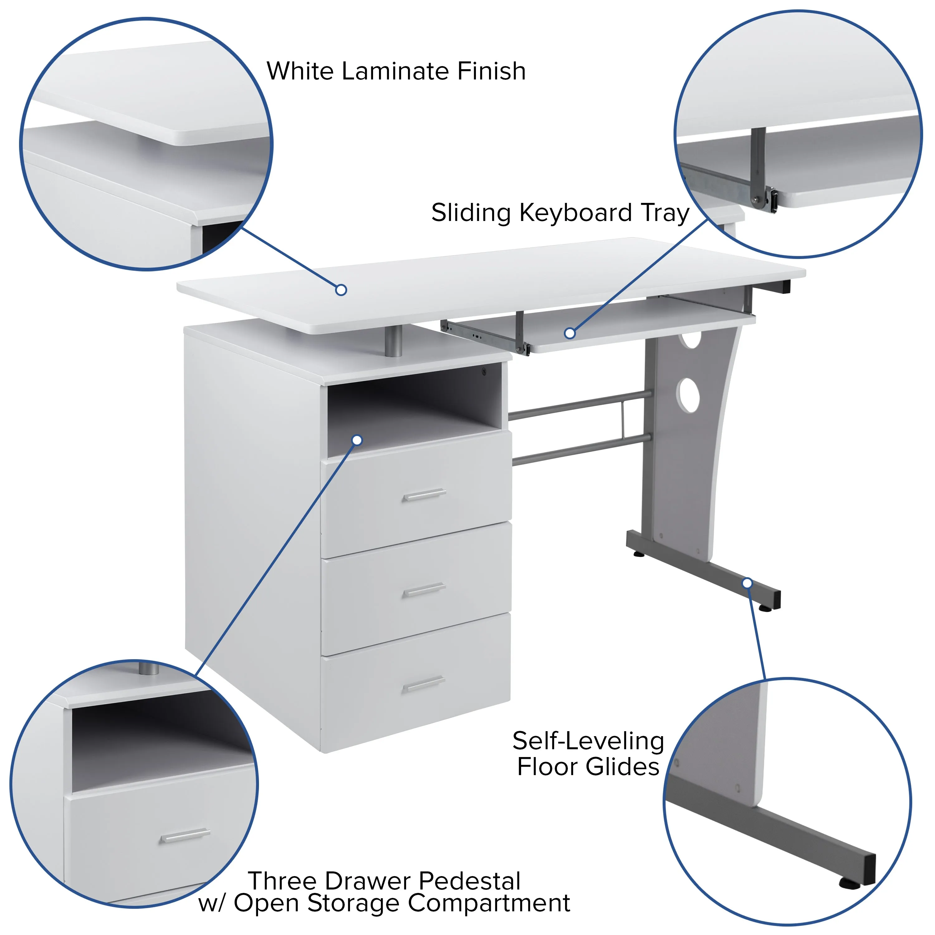 White 3 Drawer Pedestal Desk NAN-WK-008-WH-GG