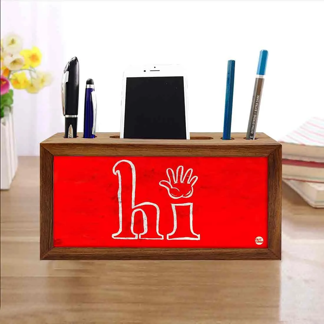 Wood Desk Organizer Pen Mobile Holder for Office - Hi