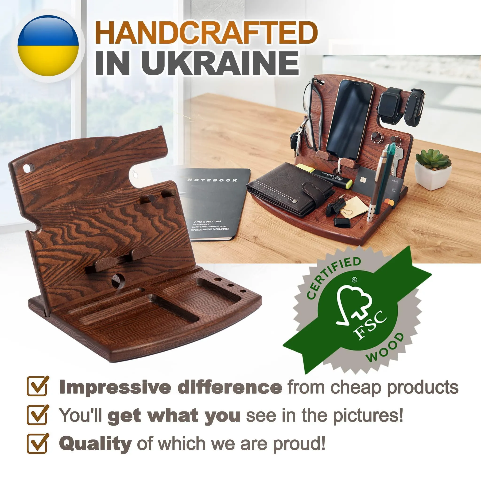 Wood Phone Docking Station Ash Hooks Key Holder Wallet Watch Stand