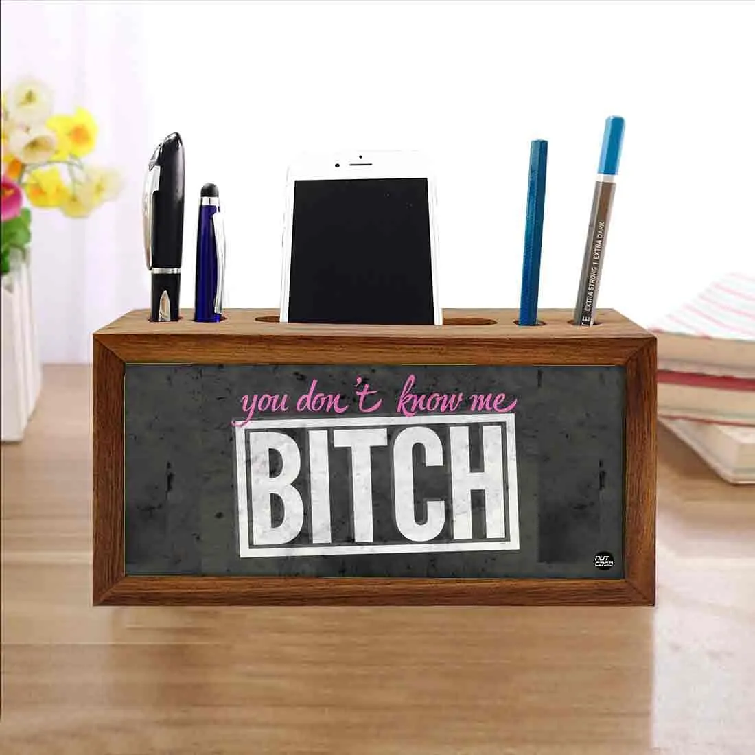 Wooden Pen Holder for Desk - Bitch