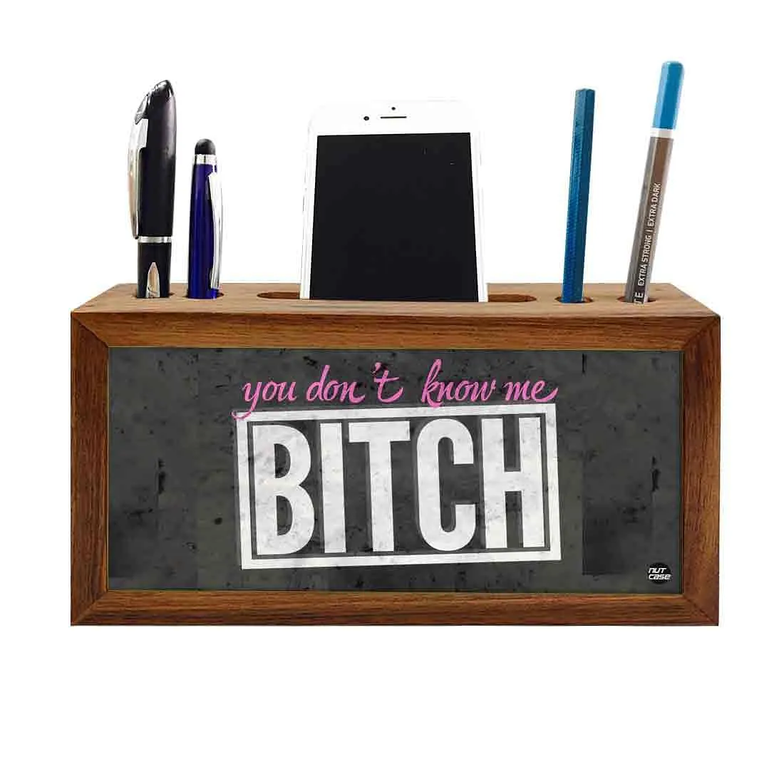 Wooden Pen Holder for Desk - Bitch