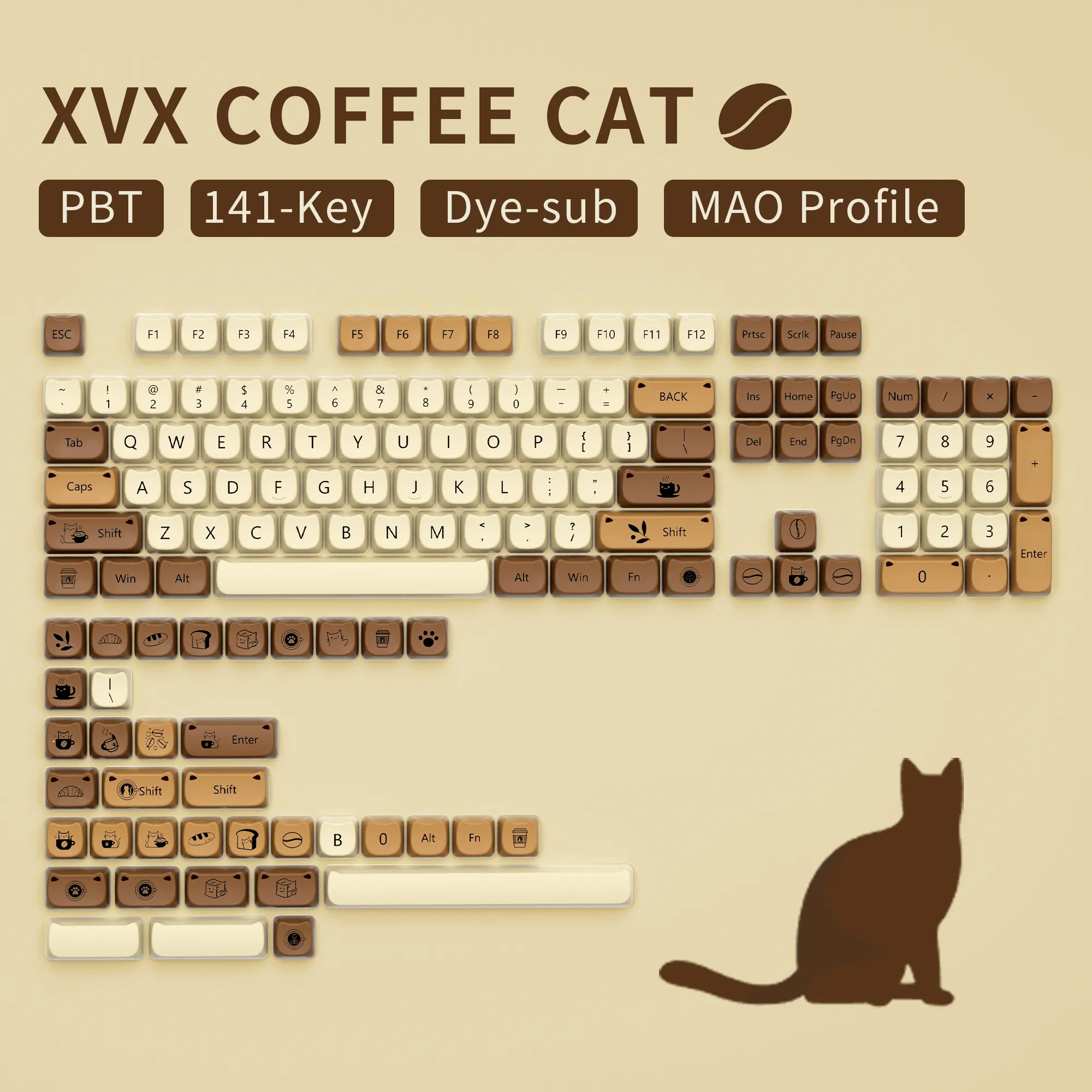 XVX Coffee Cat 141-Key MAO Profile Dye-Sub PBT Keycap